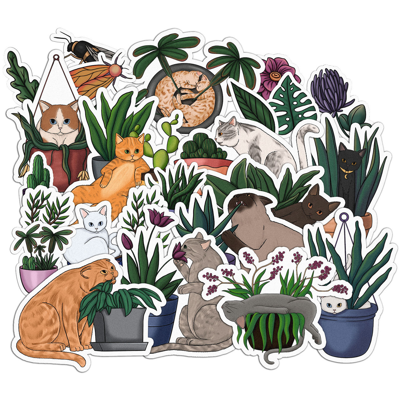 Набір вінілових наклейок (стікерів) від Lex Altern (Домашні рослини, милі коти, вазони, квіткові горщики, червона кішка)