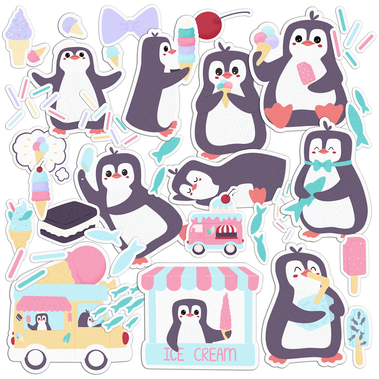 Набір вінілових наклейок (стікерів) від Lex Altern (Солодкий пінгвін, підтримка, дитина, вантажівка з морозивом, морозиво,