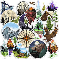 Набір вінілових наклейок (стікерів) від Lex Altern (Природні пейзажі, подорожі, гірська кампанія, орел, ведмеді, ялина, компас)