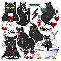 Набор виниловых наклеек (стикеров) (Элегантный черный кот, бокал вина, стиль, ванна с пеной)