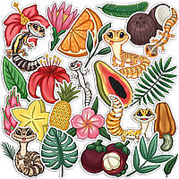 Набор виниловых наклеек (стикеров) (Тропический геккон, милая ящерица, тропические листья)