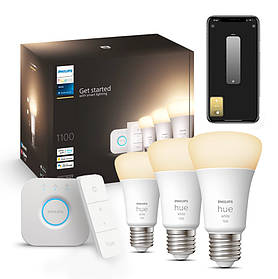 Стартовий комплект Philips Hue E27 White 1100lm ZigBee 3 шт. + Hue Bridge + Dimmer Bluetooth, Apple HomeKit