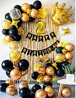 Фотозона на день народження з кульками хром золото ,чорними кульками, дощиком, гірляндою та цифрою.