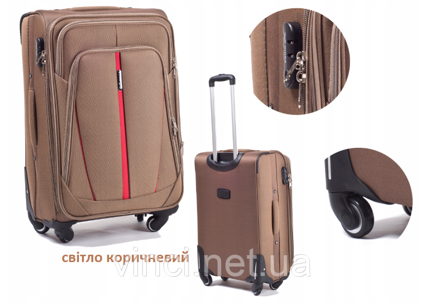 Чемодан дорожній Wings 1706 тканевий на 4 колесах великий світло коричневий, фото 1