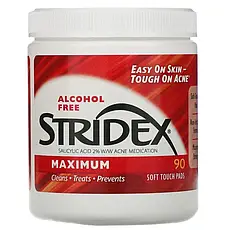Stridex, Однокрокове засіб серветки від вугрів і чорних крапок, максимальна сила, без спирту, 90 шт