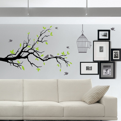Інтер'єрна вінілова декоративна наклейка Дерево з птахами та кліткою, фото 1