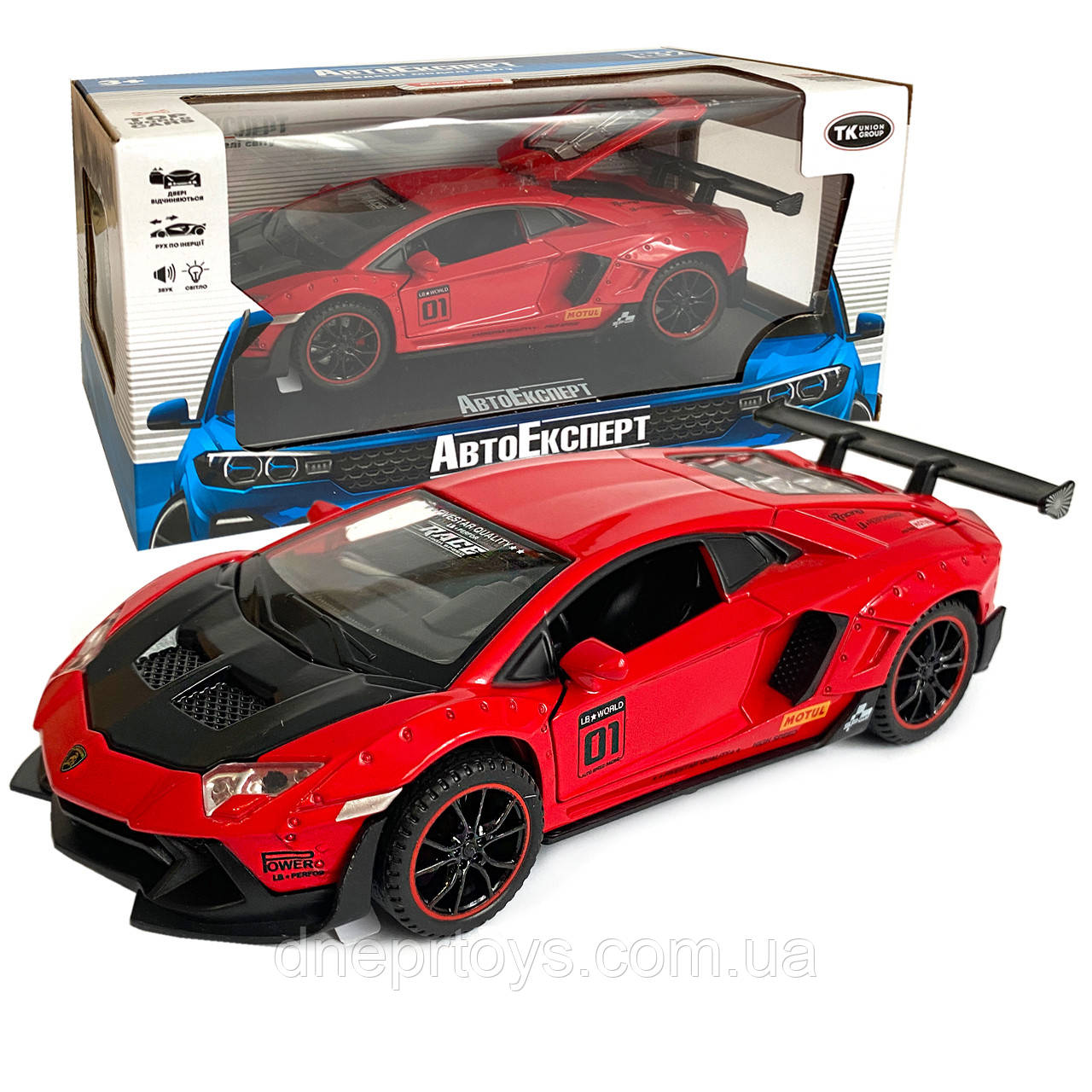 Іграшкова машинка металічна Lamborghini Aventador (Ламборгіні авентадор) "АвтоЕксперт", червона, світло, звук, інерція, відкр