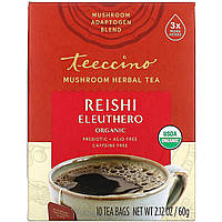 Teeccino, Mushroom Herbal Tea, Organic Reishi Eleuthero, French Roast, Caffeine Free, 10 Tea Bags, 2.12 oz (60