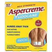 Aspercreme, Обезболивающий пластырь с 4% лидокаином, максимальная сила, без отдушек, 5 пластырей (10 см x 14