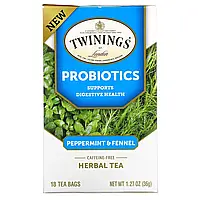 Twinings, Probiotics, травяной чай, перечная мята и фенхель, без кофеина, 18 чайных пакетиков, 36 г (1,27 Киев