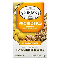 Twinings, Травяной чай со вкусом пробиотиков, лимон и имбирь, без кофеина, 18 чайных пакетиков, 0,95 унции (27