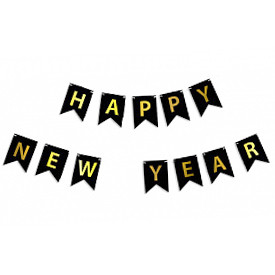 Гірлянда прапори Happy New Year (чорно-золота)
