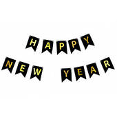 Гірлянда прапори Happy New Year (чорно-золота)