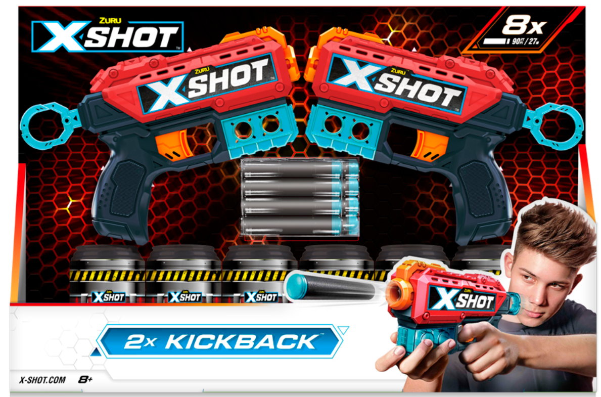 Набір швидкострільних бластерів Zuru X-Shot Red EXCEL Double Kickback 2 бластира 6 банок 8 набоїв 36202R, фото 1