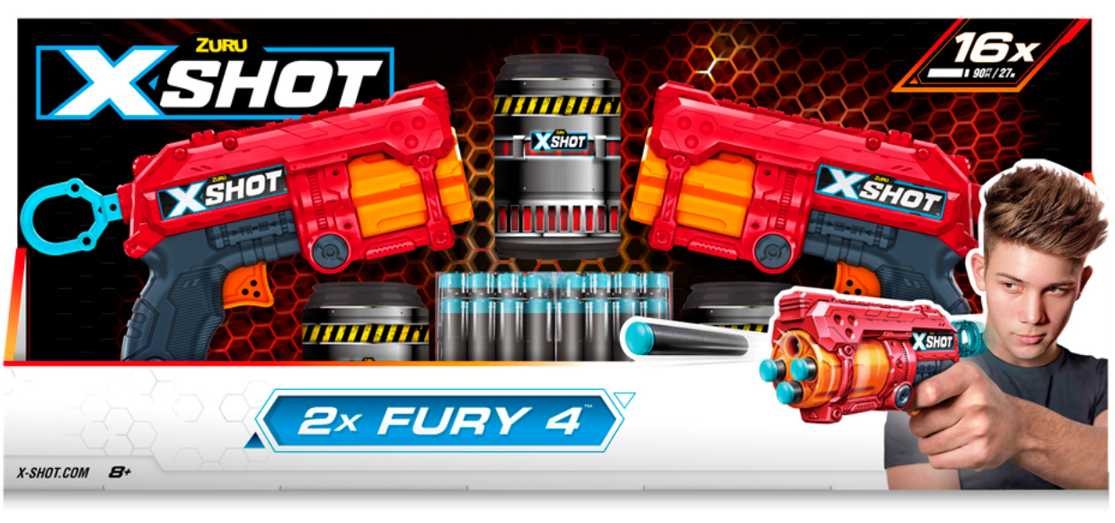 Швидкострільний бластер Zuru X-Shot Red EXCEL FURY 4 2 PK 3 банки 16 патронів 36329R, фото 1