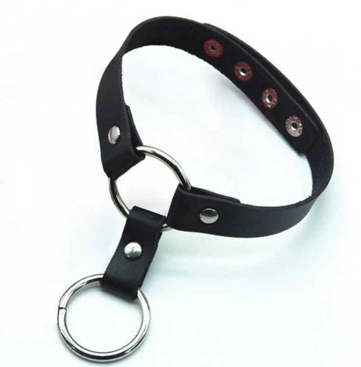 Чорний шкіряний чокер на шию з двома кільцями