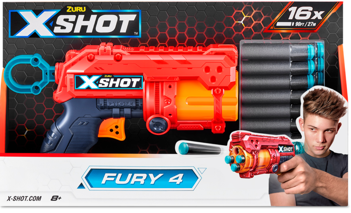 Швидкострільний бластер Zuru X-Shot Red EXCEL FURY 4 16 патронів 36377R, фото 1