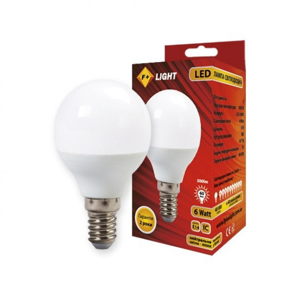 Лампочка світлодіодна Е14 6W 4000К (білий нейтральний). F+LIGHT G45B