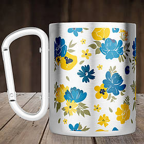 Чашка з ручкою карабін Квіткова повна запечатка, металева кружка 300 мл, Срібляста
