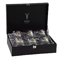 Набор из 6 хрустальных стаканов Boss Crystal «Казаки» с платиной и накладкам из серебра / кожаный кейс