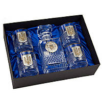 Набор для виски серии «Тризуб» Boss Crystal, графин с гербом и 4 стакана с накладками "золото с трезубами"