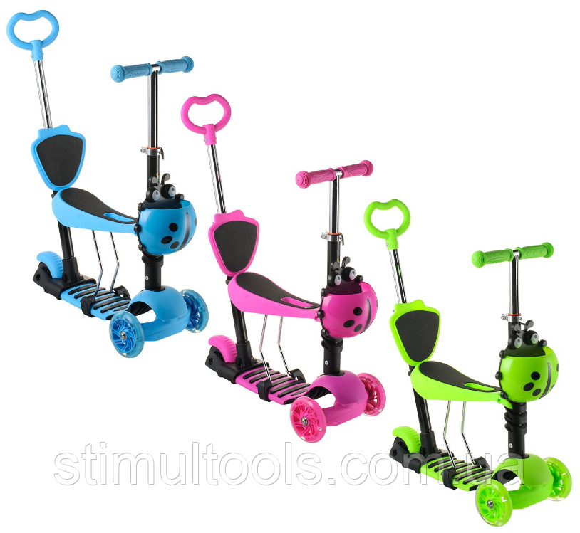 Дитячий самокат 18-1, колеса PU світяться, батьківська ручка, кошик, сидіння, фото 1