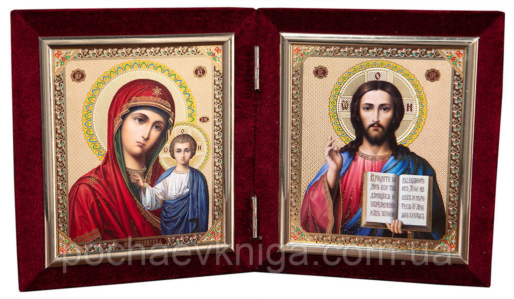 Складень ікона Богородиці «Казанска» и Господь Вседержитель (бархат), фото 1
