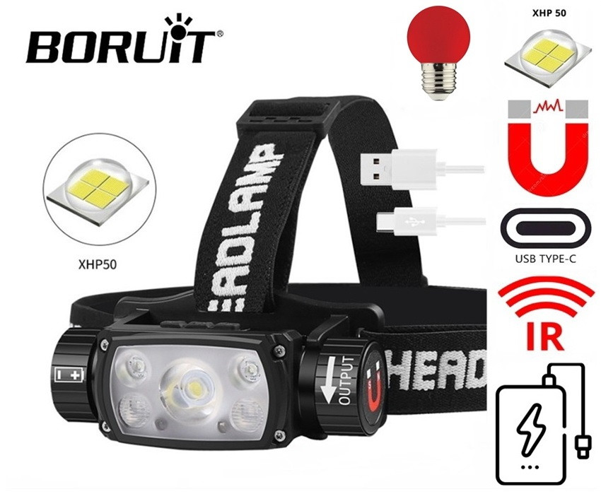 Налобний ліхтар BORUIT B70+Акумулятор (TypeC usb, PowerBank, Магніт, IR, LED Індикатор, 18650/21700)