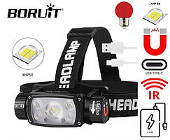 Налобний ліхтар BORUIT B70+Акумулятор (TypeC usb, PowerBank, Магніт, IR, LED Індикатор, 18650/21700)