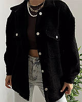 Твидовая женская рубашка пиджак чёрная с накладными карманами на пуговицах равная снизу