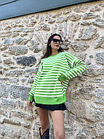Женский полосатый свитер свитшот зелёный тельняшка свободная удлинённая с разрезами снизу по бокам тёплая