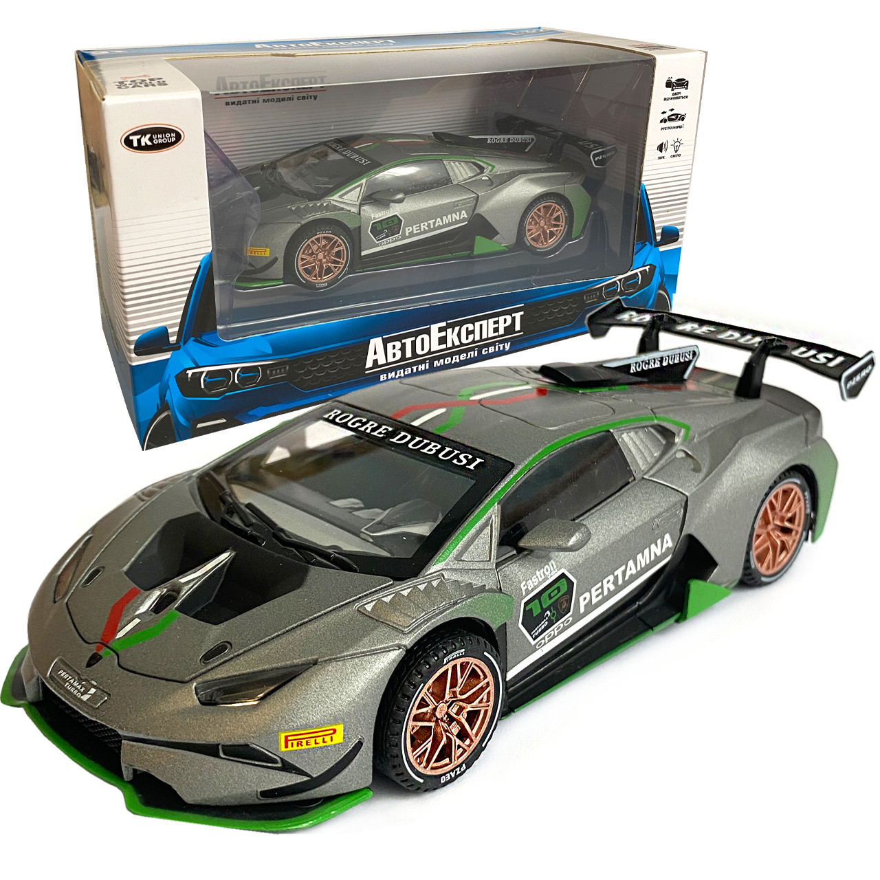 Іграшкова машинка металічна Lamborghini PERTAMAX TURBO (Ламборгіні) АвтоЕксперт, срібна, світло, звук, інерція, відкр двері,, фото 1