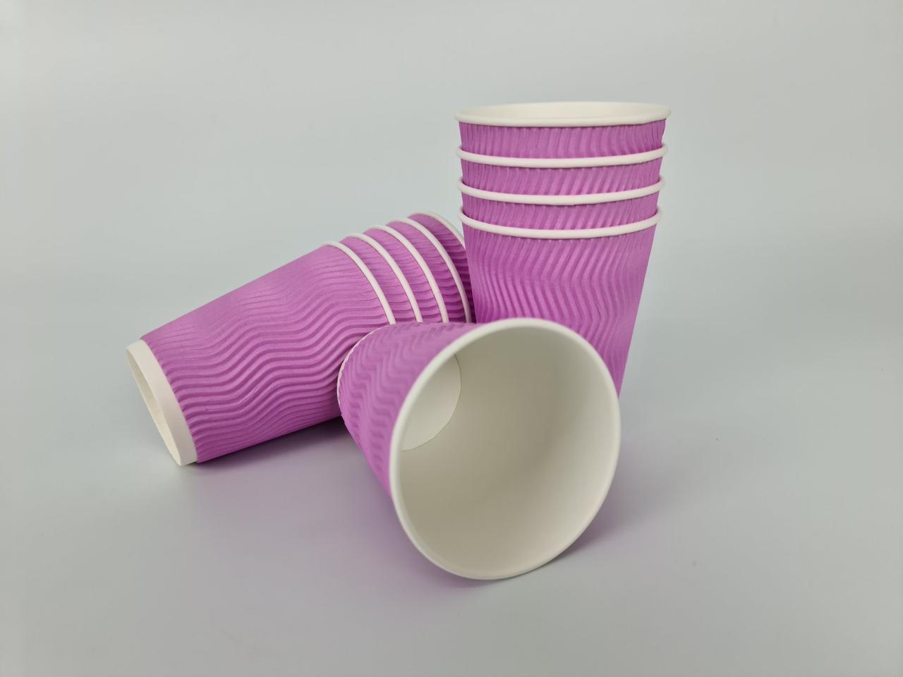 Склянки паперові гофровані 400 мл 15 шт. стаканчики для кави та чаю гофра картонні Рожеві для напоїв