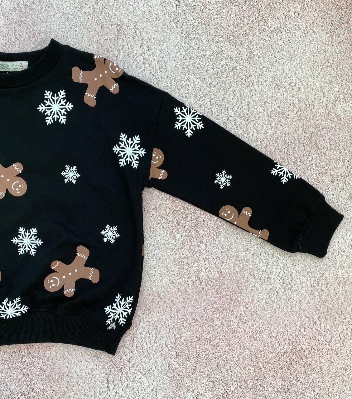 Новорічна дитяча кофта з пряниками та сніжинками Чорна 22160 163, Tontoy, Черный, Унисекс, Зима, 116 см, 6 лет, фото 1