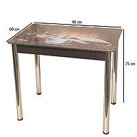 Стеклянный стол с фотопечатью на кухню Далас Кофе 90х60 см венге на хромированных ножках