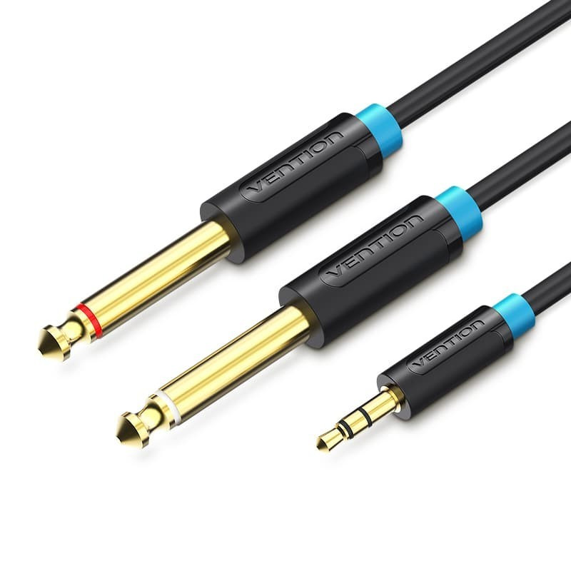 Аудіо кабель Vention 3.5 мм minijack до двох 6.5 мм Jack для мікшера, підсилювача, гітари позолочені контакти 3 м Чорний BACBI
