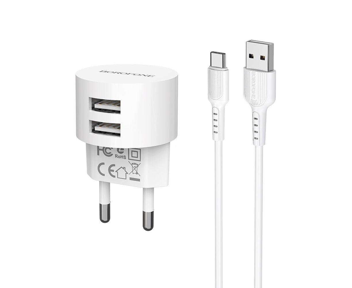 Мережевий зарядний пристрій Borofone BA23A 2 USB-2.4 A + кабельType-C