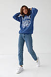 Тепне жіноче худі оверсайз з принтом - джинс колір, L (систь розмірів), фото 6