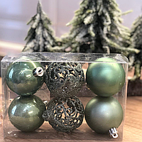 Елочные новогодние шарики, набор 6 шт*6 см,светло-зеленые