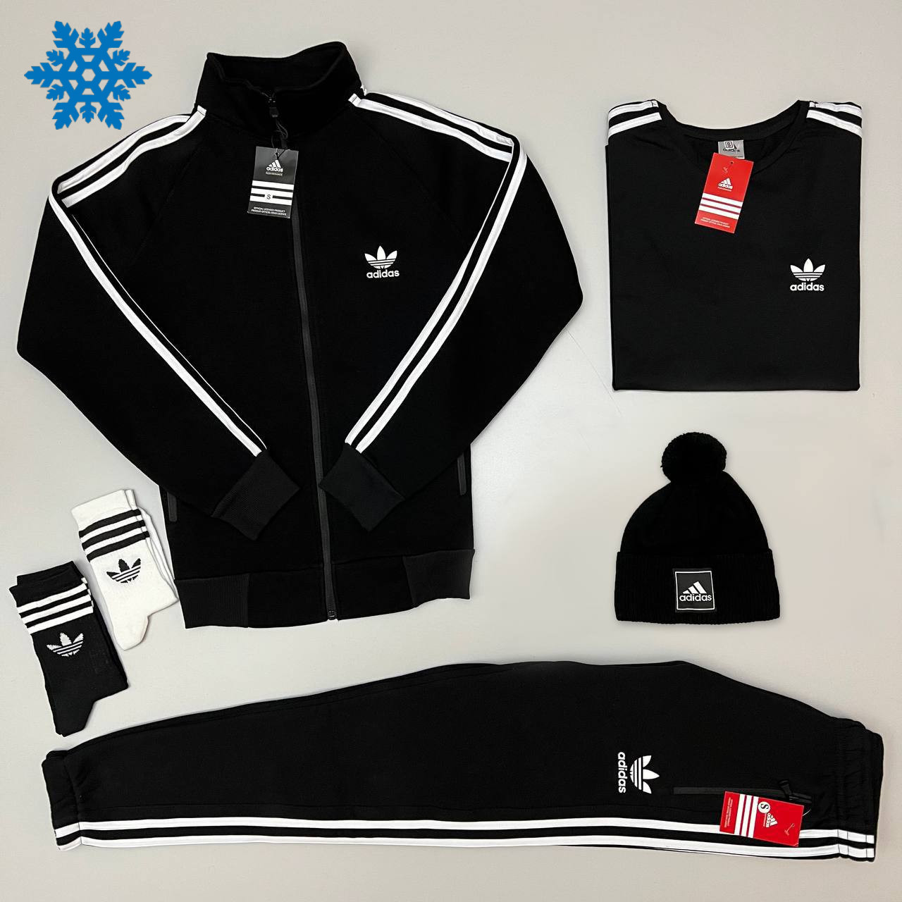Зимовий чоловічий спортивний костюм теплий Adidas на флісі кофта + штани чорний Туреччина. Живе фото