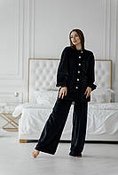 Тёплая зимняя велюровая плюшевая женская пижама оверсай на пуговицах с брюками домашний костюм черный