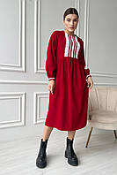 Сукня жіноча вельветова святкова червона з білим мереживом 3341-02