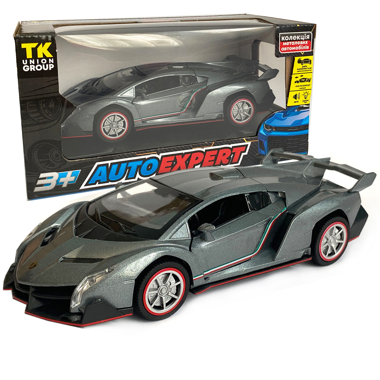 Іграшкова машинка металічна Lamborghini (Ламборгіні) "АвтоЕксперт", срібна, світло, звук, інерція, відкр двері, багажник, капот,, фото 1