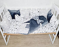 Комплект постельного белья TM Bonna "MINEKO" без балдахина на 3 стороны кроватки. Бело-серый/звезды