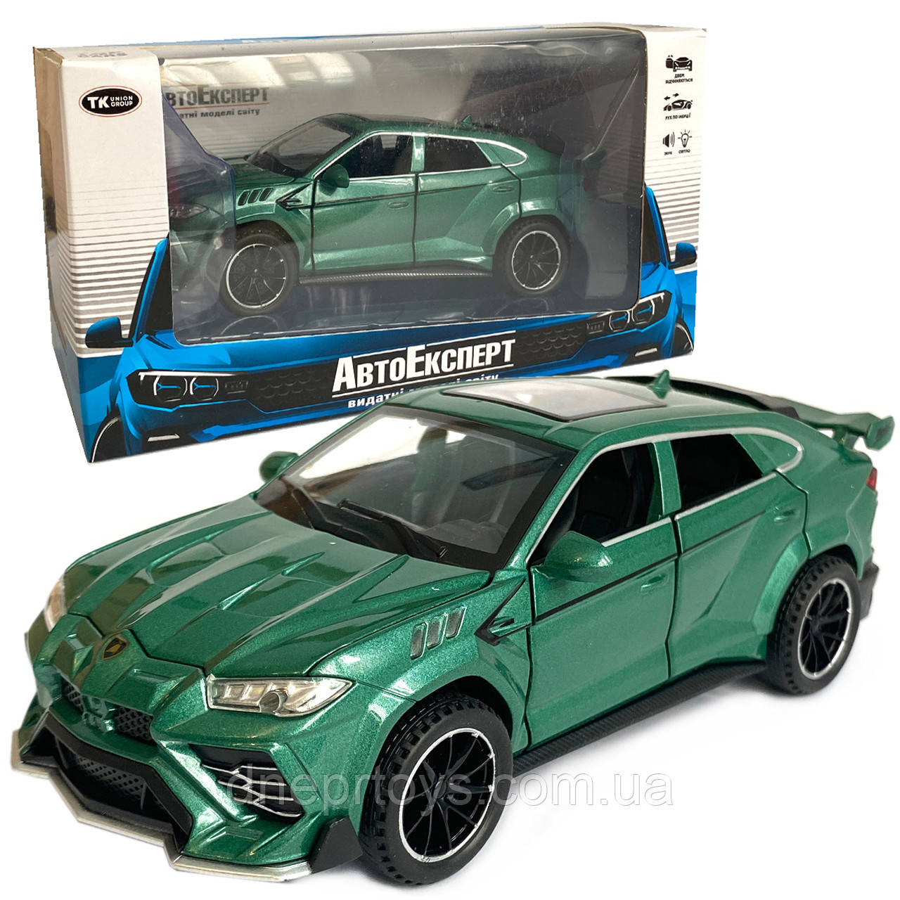 Іграшкова машинка металічна Lamborghini Urus (Ламборгіні Урус) "АвтоЕксперт", зелена, світло, звук, інерція, відкр двері,