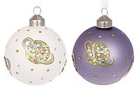Набор (12шт.) ёлочных шаров с декором Планета 8см, 2 цвета - белый и пурпурный