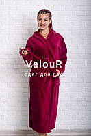 Бордовый женский махровый халат с капюшоном на запах батал XXL XXXL