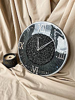 Часы настенные из эпоксидной смолы на стену серые с камнями с серебром римские цифры зеркальные тихий ход