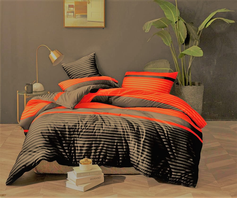 Постільна білизна Королева Ночі (Ранфорс) | Полуторний комплект | 50х70 | Смуги на темному та помаранчевому, фото 1