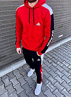 Утеплений чоловічий спортивний костюм Adidas червоного кольору. Червоний чоловічий спортивний костюм Адідас на флісі